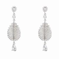Cubic Zirconia Micro Pave Brass Earring, Leaf, real gold plated, fashion jewelry & micro pave cubic zirconia & for woman, silver color, nickel, lead & cadmium free, 50x15mm, Sold By Pair