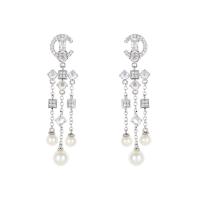 Cubic Zirconia Micro Pave Brass Earring, with Plastic Pearl, real gold plated, fashion jewelry & micro pave cubic zirconia & for woman, white, nickel, lead & cadmium free, 59x13mm, Sold By Pair