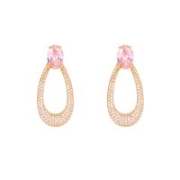 Cubic Zirconia Micro Pave Brass Earring, Teardrop, real gold plated, fashion jewelry & micro pave cubic zirconia & for woman, pink, nickel, lead & cadmium free, 42x19mm, Sold By Pair