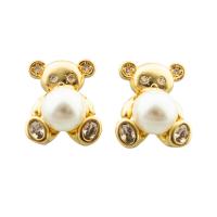 Cubic Zirconia Micro Pave Brass Earring, with Plastic Pearl, Bear, gold color plated, fashion jewelry & micro pave cubic zirconia & for woman, golden, 12x10x18mm, Sold By Pair