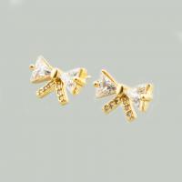 Cubic Zirconia Micro Pave Brass Earring, Bowknot, gold color plated, fashion jewelry & micro pave cubic zirconia & for woman, golden, 8x11x15mm, Sold By Pair