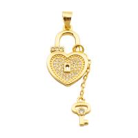 Cubic Zirconia Micro Pave Brass Pendant, Heart, gold color plated, fashion jewelry & DIY & micro pave cubic zirconia & for woman, golden, 42x14x2mm, Hole:Approx 3.5mm, Sold By PC