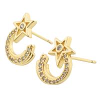 Cubic Zirconia Micro Pave Brass Earring, Moon and Star, gold color plated, fashion jewelry & micro pave cubic zirconia & for woman, golden, 14x11x12mm, Sold By Pair