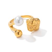 Stainless Steel Finger Ring, 304 Stainless Steel, with Plastic Pearl, 18K gold plated, fashion jewelry & for woman, golden, Sold By PC