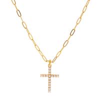 Stainless Steel Jewelry Necklace, 304 Stainless Steel, with Plastic Pearl, with 2.17inch extender chain, Cross, 18K gold plated, fashion jewelry & for woman, golden, 22.40mm, Length:Approx 17.91 Inch, Sold By PC