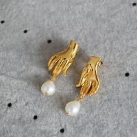 Brass Drop Earring, with Freshwater Pearl, Hand, gold color plated, fashion jewelry & for woman, more colors for choice, nickel, lead & cadmium free, 35mm, Sold By Pair