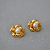 Brass Stud Earring with Plastic Pearl Flower matte gold color plated fashion jewelry & for woman mixed colors nickel lead & cadmium free 20mm Sold By Pair