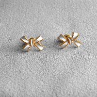 Brass Stud Earring Bowknot gold color plated fashion jewelry & for woman & enamel white nickel lead & cadmium free 15mm Sold By Pair