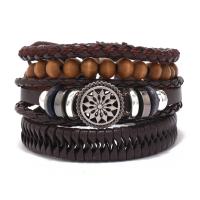 PU Leather Cord Bracelets, with Wax Cord & Wood & Copper Coated Plastic & Tibetan Style, handmade, 4 pieces & fashion jewelry & for man, nickel, lead & cadmium free, Length:Approx 17-18 cm, Sold By Set