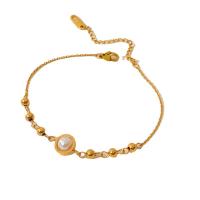 Titanium Steel Bracelet with Plastic Pearl with 2inch extender chain real gold plated fashion jewelry & for woman Length Approx 5.9 Inch Sold By PC
