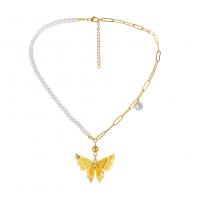 Stainless Steel Jewelry Necklace 304 Stainless Steel with Plastic Pearl with 1.97inch extender chain Butterfly plated fashion jewelry & for woman & with rhinestone golden Sold Per Approx 14.17 Inch Strand