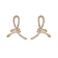Brass Stud Earring Copper Alloy Bowknot gold color plated fashion jewelry & for woman & with rhinestone 27mm Sold By Pair