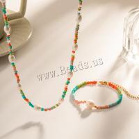 Fashion Stainless Steel Jewelry Sets finger ring & bracelet & necklace 304 Stainless Steel with Seedbead & Plastic Pearl plated fashion jewelry multi-colored Sold By PC