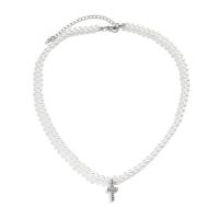 Plastic Pearl Necklace, with Tibetan Style, with 2.7inch extender chain, Cross, platinum color plated, for man & with rhinestone, Length:Approx 17.7 Inch, Sold By PC