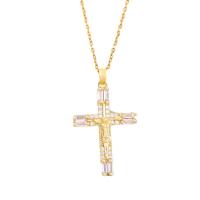Titanium Steel Necklace, with Brass, with 2inch extender chain, Crucifix Cross, real gold plated, oval chain & micro pave cubic zirconia & for woman, more colors for choice, Length:Approx 15.7 Inch, Sold By PC