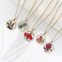 Tibetan Style Necklace, with 304 Stainless Steel Chain & Dried Flower & Resin, plated, for woman & epoxy gel, more colors for choice, 23x23x2mm, Length:Approx 17.7 Inch, 12PCs/Lot, Sold By Lot