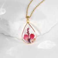 Resin Necklace with Dried Flower & Brass Teardrop gold color plated Twisted Piece Chain & Unisex & epoxy gel Length Approx 17.7 Inch Sold By Lot