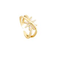 титан Манжеты палец кольцо, Гексаграмма, плакированный настоящим золотом, регулируемый & инкрустированное микро кубического циркония & Женский, продается PC