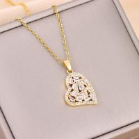 Titanium Steel Necklace, with Brass, with 2inch extender chain, Heart, real gold plated, oval chain & micro pave cubic zirconia & for woman, Length:Approx 15.7 Inch, Sold By PC
