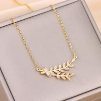 Titanium Steel Necklace, with Brass, with 2inch extender chain, Leaf, real gold plated, oval chain & for woman & with rhinestone, Length:Approx 15.7 Inch, Sold By PC