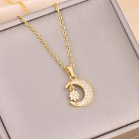 Titanium Steel Necklace with Brass with 2inch extender chain Moon and Star real gold plated oval chain & for woman & with rhinestone Length Approx 15.7 Inch Sold By PC