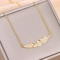 Titanium Steel Necklace with Brass with 2inch extender chain Feather real gold plated oval chain & for woman & with rhinestone Length Approx 15.7 Inch Sold By PC