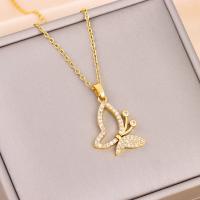 Titanium Steel Necklace, with Brass, with 2inch extender chain, Butterfly, real gold plated, oval chain & for woman & with rhinestone & hollow, Length:Approx 15.7 Inch, Sold By PC