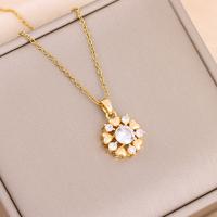 Titanium Steel Necklace with Brass with 2inch extender chain Flower real gold plated oval chain & micro pave cubic zirconia & for woman Length Approx 15.7 Inch Sold By PC