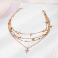 Tibetan Style Anklet, with 2inch extender chain, Cross, gold color plated, multilayer & for woman & with rhinestone, Length:Approx 7.5 Inch, Sold By Set