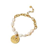 Freshwater Cultured Pearl Bracelet, Brass, with Freshwater Pearl, with 1.57inch extender chain, gold color plated, fashion jewelry & micro pave cubic zirconia & for woman, golden, nickel, lead & cadmium free, Sold Per Approx 6.89 Inch Strand