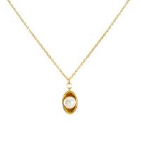 Stainless Steel Jewelry Necklace, 304 Stainless Steel, with Plastic Pearl, 18K gold plated, fashion jewelry & for woman, golden, 16mm, Sold Per Approx 17.72 Inch Strand
