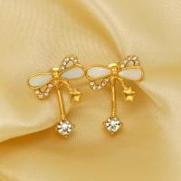 Stainless Steel Stud Earrings 304 Stainless Steel with Shell Bowknot 18K gold plated fashion jewelry & for woman & with rhinestone golden Sold By Pair