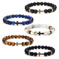Gemstone Bracelets with Brass Cross handmade & Unisex & micro pave cubic zirconia 8mm Sold Per Approx 7.48 Inch Strand