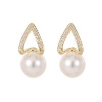 Cubic Zirconia Micro Pave Brass Earring, with Plastic Pearl, gold color plated, fashion jewelry & micro pave cubic zirconia & for woman, white, nickel, lead & cadmium free, 10x18.60mm, Sold By Pair