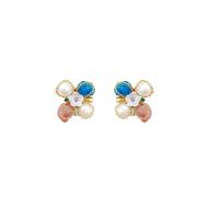 Tibetan Style Stud Earring, with Plastic Pearl, Flower, gold color plated, fashion jewelry & for woman, mixed colors, 27x25mm, Sold By Pair
