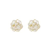 Brass Stud Earring Copper Alloy with Plastic Pearl Flower gold color plated fashion jewelry & for woman Sold By Pair