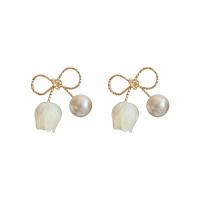 Brass Stud Earring, Copper Alloy, with Plastic Pearl, Bowknot, gold color plated, fashion jewelry & for woman, 20x17mm, Sold By Pair