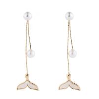 Brass Drop Earring, Copper Alloy, with Plastic Pearl, gold color plated, fashion jewelry & for woman, 57x15mm, Sold By Pair