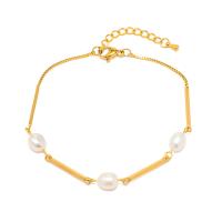 Stainless Steel Jewelry Bracelet, 304 Stainless Steel, with Freshwater Pearl, with 1.57inch extender chain, 18K gold plated, fashion jewelry & for woman, golden, 5.50mm, Length:Approx 7.09 Inch, Sold By PC