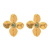 Stainless Steel Stud Earrings, 304 Stainless Steel, with African Turquoise, 18K gold plated, fashion jewelry & for woman, golden, 31.60x34.90mm, Sold By Pair