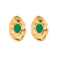 Stainless Steel Stud Earrings, 304 Stainless Steel, with Emerald, 18K gold plated, fashion jewelry & for woman, golden, 18.40x11.60mm, Sold By Pair