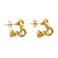 Stainless Steel Stud Earrings 304 Stainless Steel with Plastic Pearl 18K gold plated fashion jewelry & for woman golden 17mm Sold By Pair