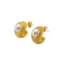 Stainless Steel Stud Earrings, 304 Stainless Steel, with Plastic Pearl, 18K gold plated, fashion jewelry & for woman, golden, 19x14mm, Sold By Pair