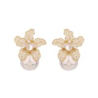 Cubic Zirconia Micro Pave Brass Earring with Plastic Pearl Flower plated fashion jewelry & micro pave cubic zirconia & for woman nickel lead & cadmium free Sold By Pair