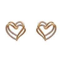 Boucles d'oreilles en laiton zircon cubique pavent, Alliage de cuivre, coeur, Plaqué d'or, bijoux de mode & pavé de micro zircon & pour femme, 15x15mm, Vendu par paire