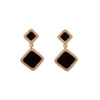 Brass Drop Earring Copper Alloy Rhombus real gold plated fashion jewelry & for woman & with rhinestone black Sold By Pair