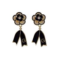 Brass Drop Earring, Copper Alloy, Flower, real gold plated, fashion jewelry & for woman & with rhinestone, black, 45x20mm, Sold By Pair