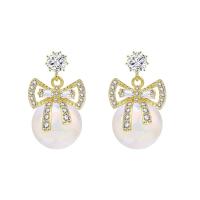 Cubic Zirconia Micro Pave Brass Earring Copper Alloy with Plastic Pearl Bowknot real gold plated fashion jewelry & micro pave cubic zirconia & for woman Sold By Pair