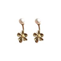 Boucles d'oreilles pendantes en laiton, Alliage de cuivre, avec perle de plastique, fleur, Plaqué d'or, bijoux de mode & pour femme, 25x10mm, Vendu par paire