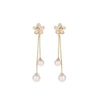 Cubic Zirconia Micro Pave Brass Earring Copper Alloy with Plastic Pearl Flower real gold plated fashion jewelry & micro pave cubic zirconia & for woman Sold By Pair